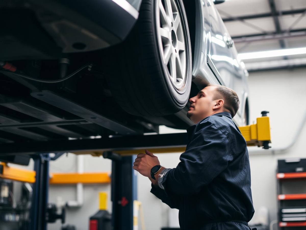 Mecânico inspecionando a parte inferior de um carro